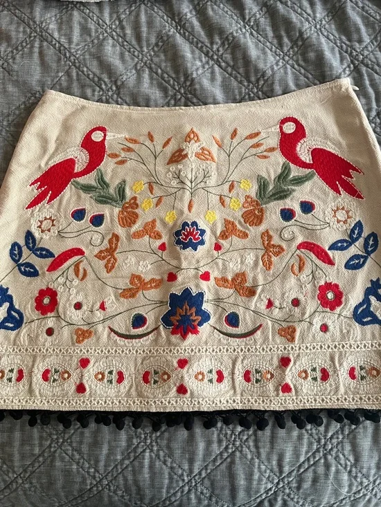 Embroidered Boho Cream Floral Skirt with Red Birds - Picture 2 of 6